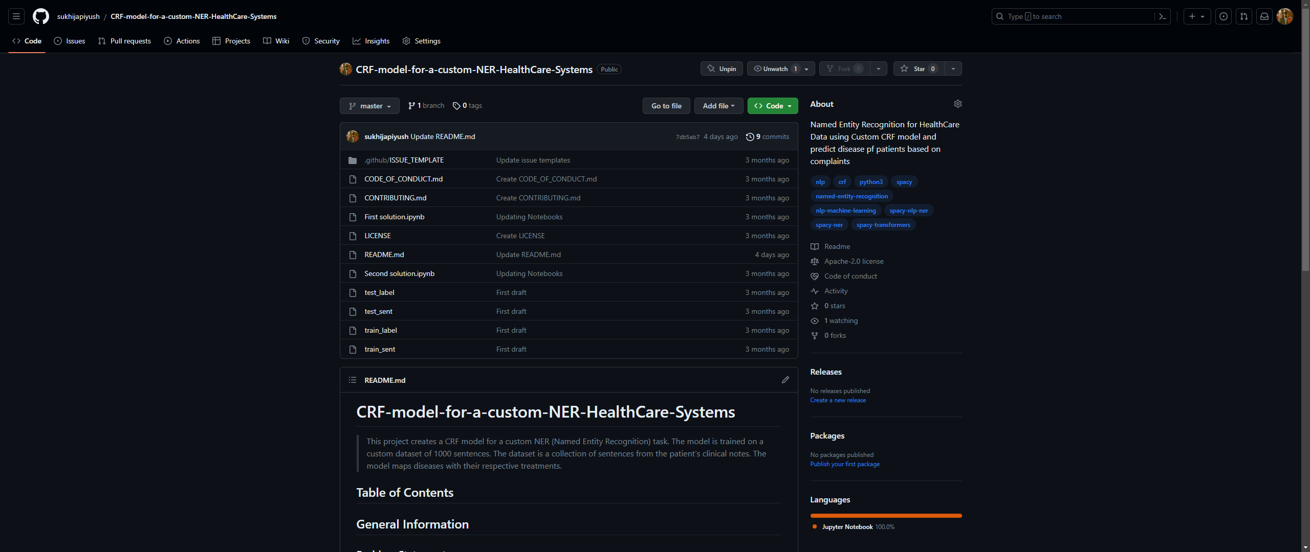 Disease Prediction using Patient Complaints (Named Entity Recognition using Custom CRF model)